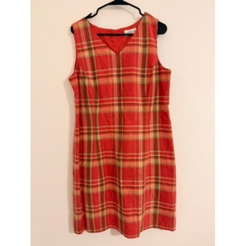 Y2K Liz Claiborne Red Plaid Linen Blend Sleeveless V-Neck Shift Mini Dress 12